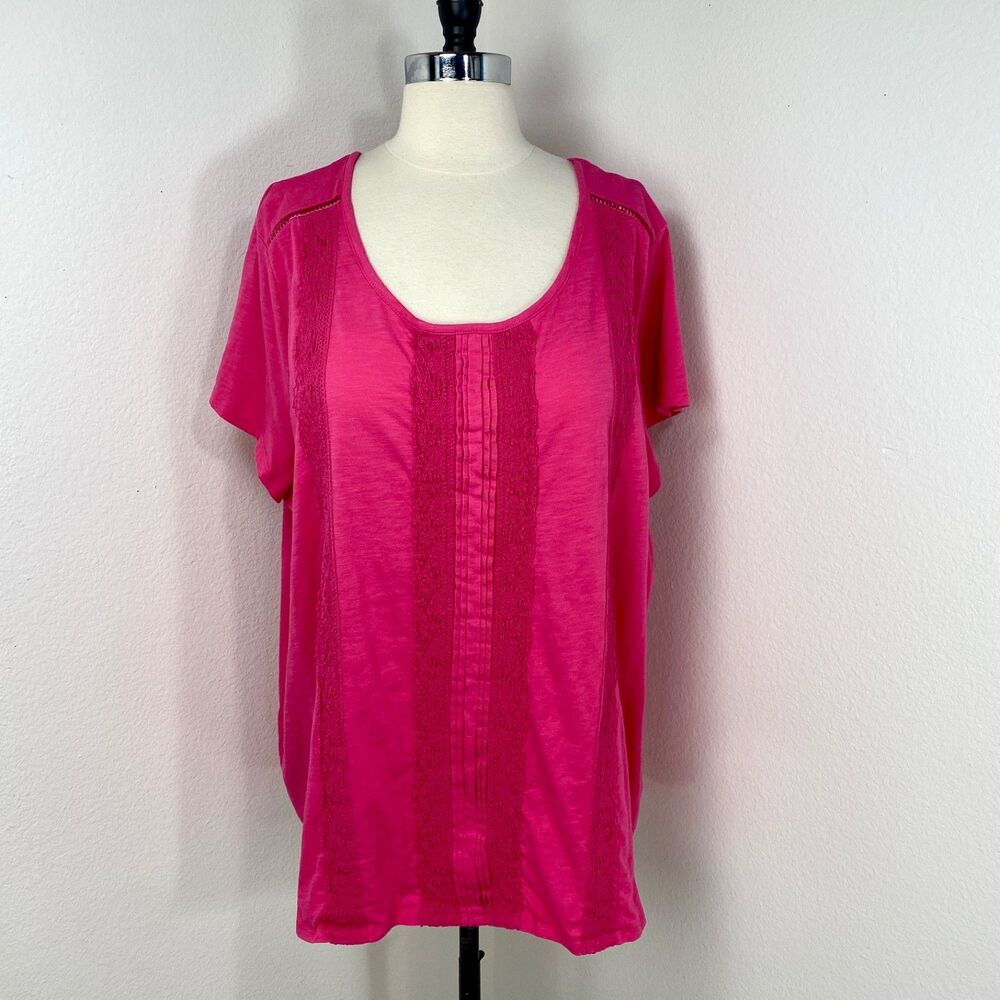 Terra & Sky Pink Knit Crochet Top 3X (24-26W) Short Sleeves Pullover Cot/Poly
